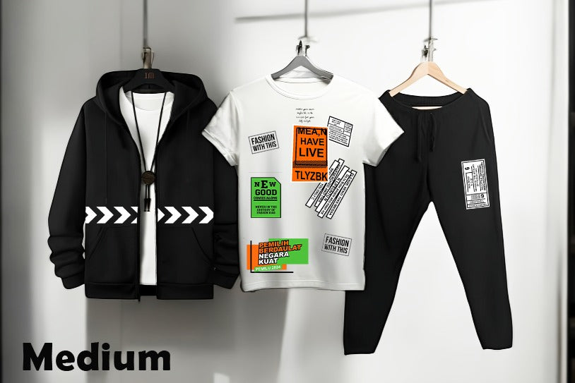 Pack of 3 Black Zipper Mix Colours T Shirts Black Zipper Black Trouser&nbsp;